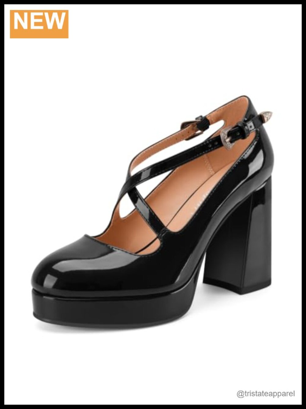 Platform Mary Jane Cross Ankle Strap Chunky Block Heel Patent Leather Pumps